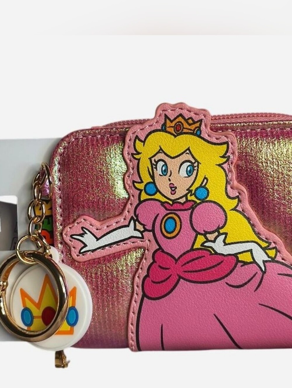 Nintendo Super Mario Princess Peach Large Graphic Pink Iridescent Zip Wallet NEW